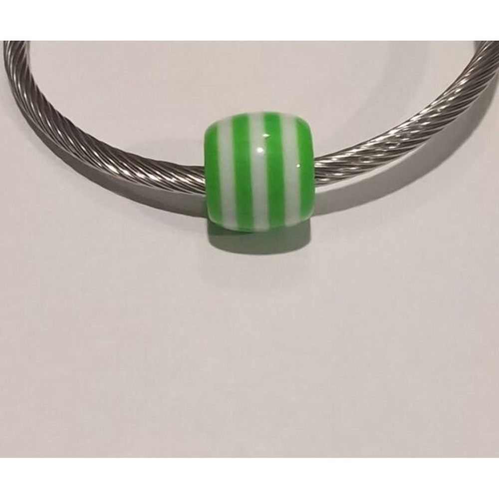 Green White Striped Barrel Charm Bead for Modular Charm Bracelets